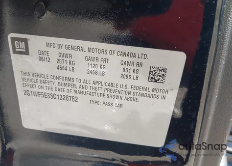 2012 Chevrolet Impala Ls from USA, damaged, VIN 2G1WF5E33C1328782